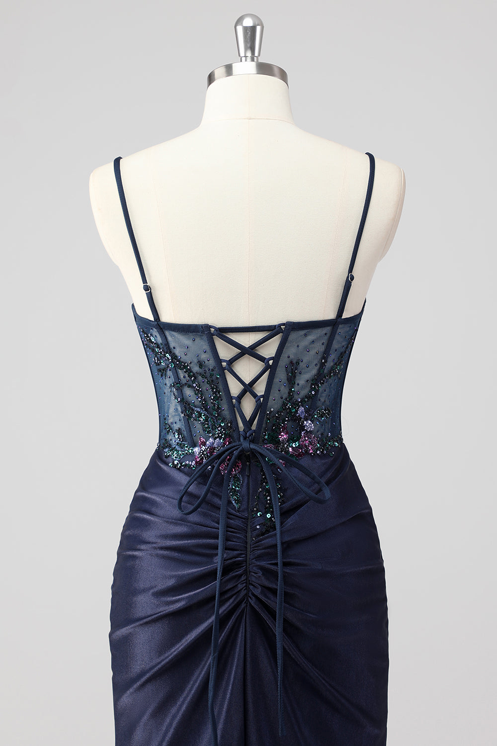 Sparkly Navy Sirène Sirène Paillettes Ruché Corset Robes De Soirée Longue avec Fente