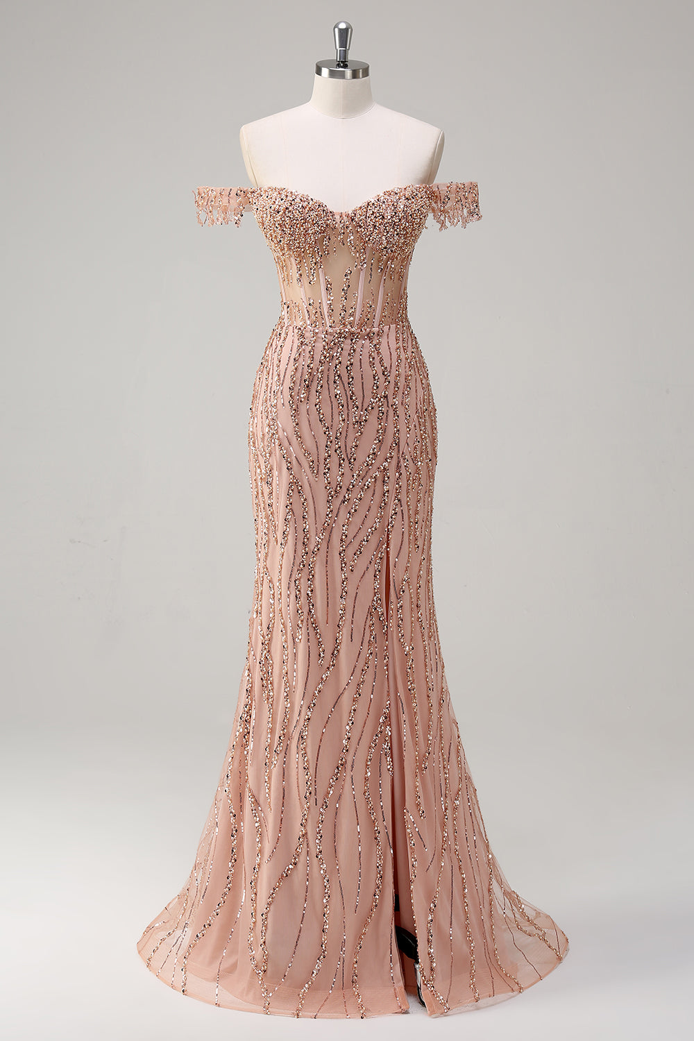 Sparkly Dusty Rose Sirène Robe de soirée Longue Épaule Dénudée Avec Fente