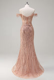 Sparkly Dusty Rose Sirène Robe de soirée Longue Épaule Dénudée Avec Fente