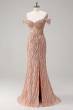 Sparkly Dusty Rose Sirène Robe de soirée Longue Épaule Dénudée Avec Fente