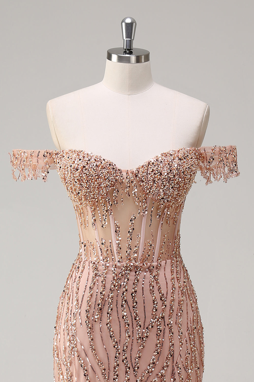 Sparkly Dusty Rose Sirène Robe de soirée Longue Épaule Dénudée Avec Fente
