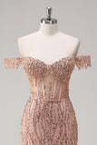 Sparkly Dusty Rose Sirène Robe de soirée Longue Épaule Dénudée Avec Fente