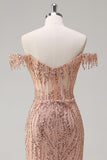 Sparkly Dusty Rose Sirène Robe de soirée Longue Épaule Dénudée Avec Fente