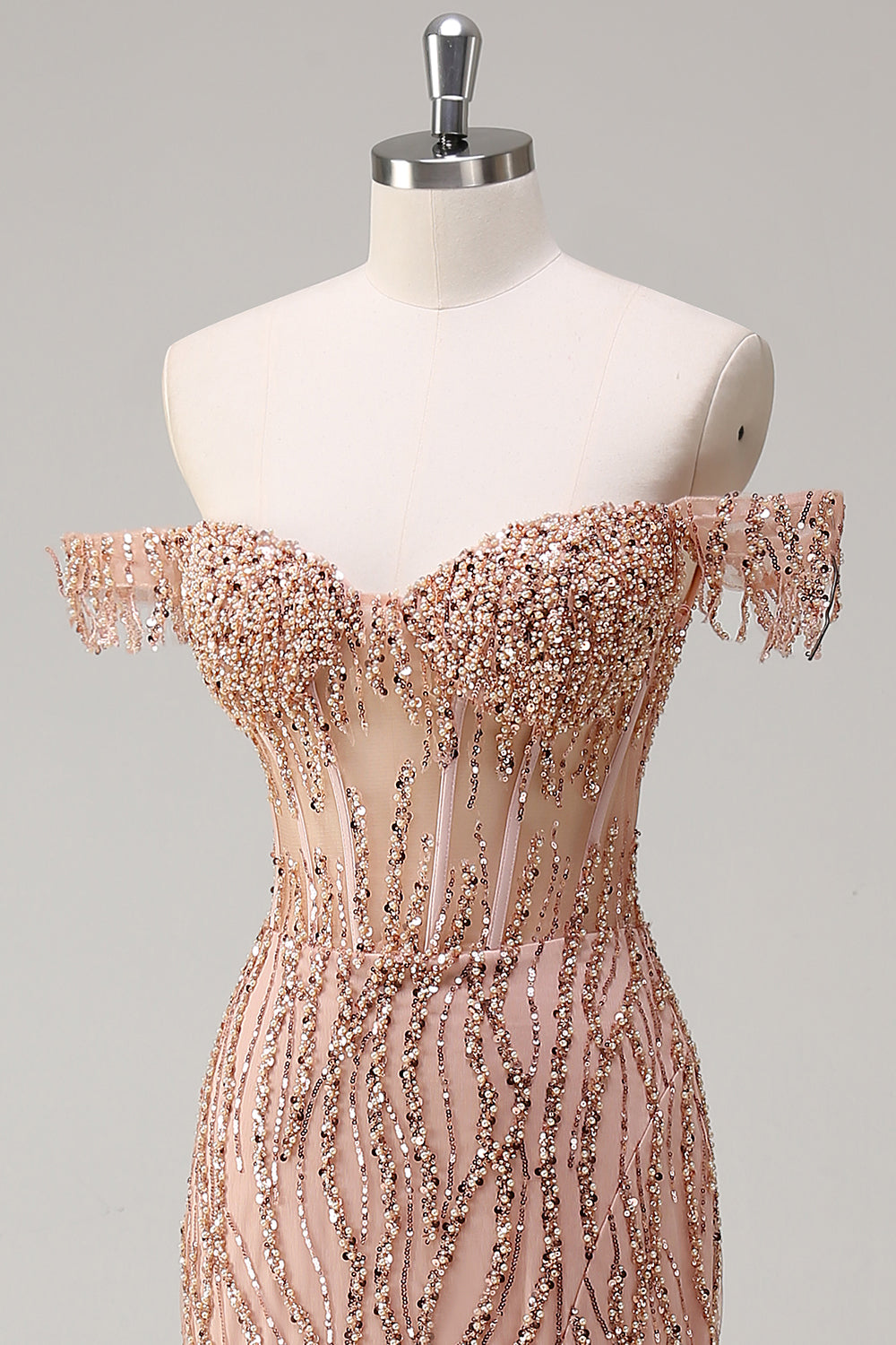 Sparkly Dusty Rose Sirène Robe de soirée Longue Épaule Dénudée Avec Fente