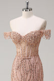 Sparkly Dusty Rose Sirène Robe de soirée Longue Épaule Dénudée Avec Fente