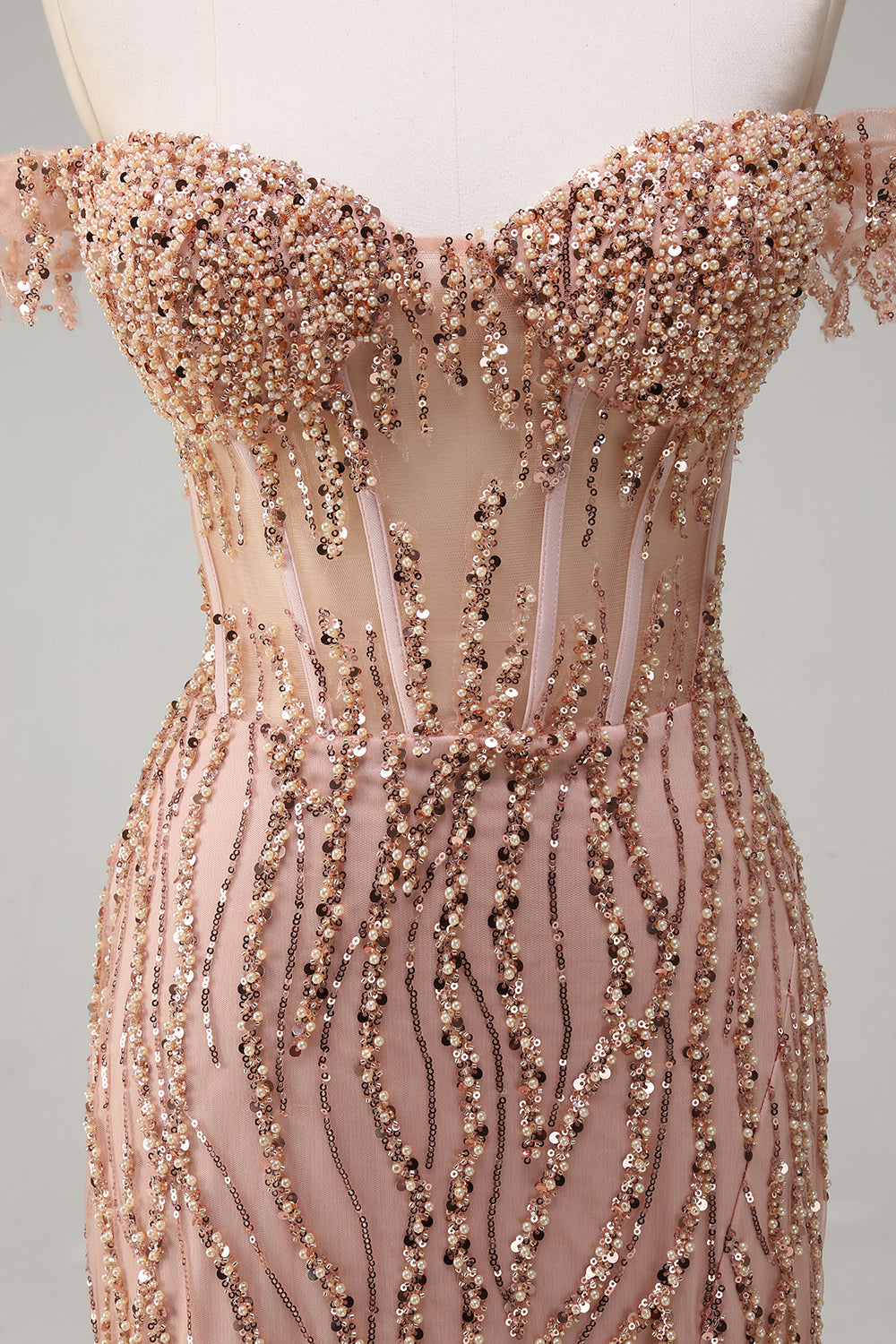 Sparkly Dusty Rose Sirène Robe de soirée Longue Épaule Dénudée Avec Fente
