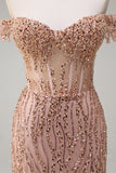 Sparkly Dusty Rose Sirène Robe de soirée Longue Épaule Dénudée Avec Fente
