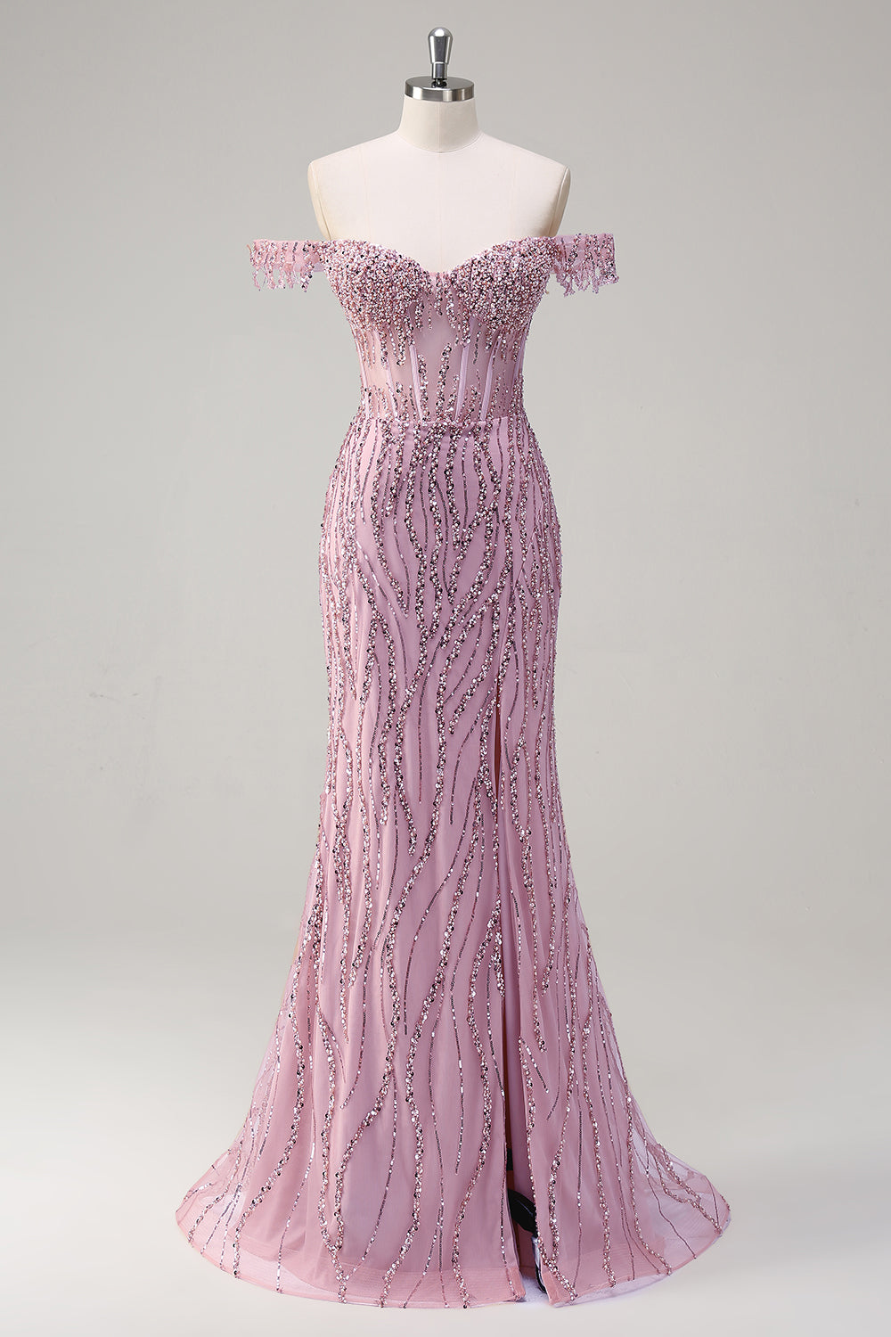 Sparkly Dusty Rose Sirène Robe de soirée Longue Épaule Dénudée Avec Fente