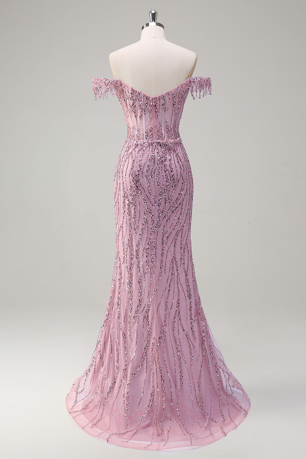 Sparkly Dusty Rose Sirène Robe de soirée Longue Épaule Dénudée Avec Fente