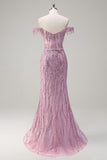 Sparkly Dusty Rose Sirène Robe de soirée Longue Épaule Dénudée Avec Fente