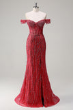 Sparkly Dusty Rose Sirène Robe de soirée Longue Épaule Dénudée Avec Fente