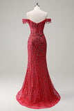 Sparkly Dusty Rose Sirène Robe de soirée Longue Épaule Dénudée Avec Fente
