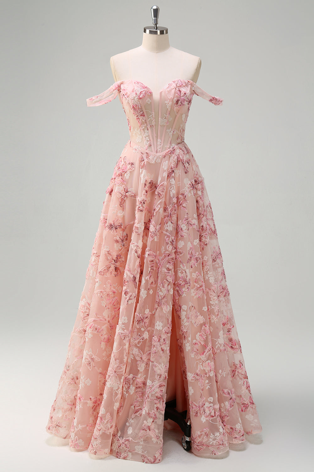 Rose Épaule Dénudée Corset Trapèze 3D Papillons Robe de Bal Floral avec Fente