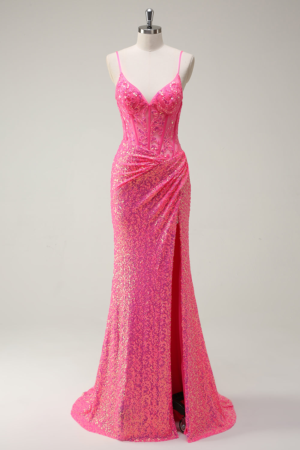 Robe de soirée sirène corset à paillettes rose vif scintillante avec fente
