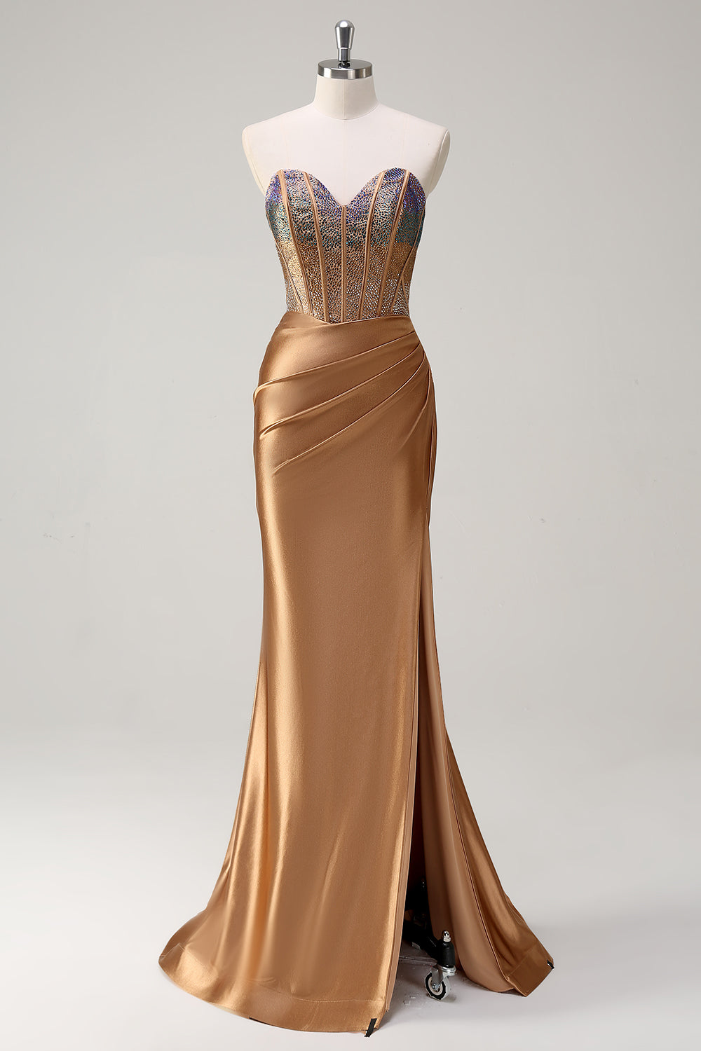 Robe de soirée en satin de sirène perlée marron chérie avec fente