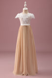 Robe de demoiselle d’honneur junior en dentelle Champagne A Line à manches courtes