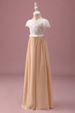 Robe de demoiselle d’honneur junior en dentelle Champagne A Line à manches courtes