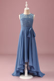 Dusty Blue A Ligne Dentelle Mousseline De Soie Volants Junior Robe De Demoiselle D’honneur Avec Ceinture