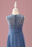 Dusty Blue A Ligne Dentelle Mousseline De Soie Volants Junior Robe De Demoiselle D’honneur Avec Ceinture