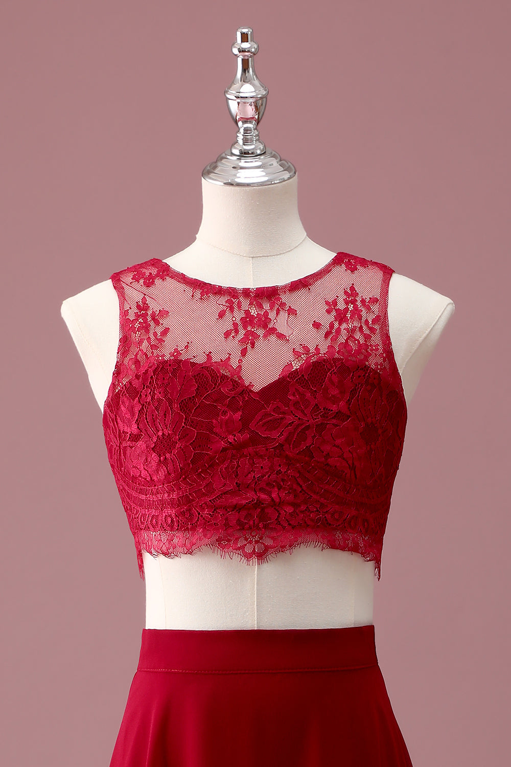Dentelle Bourgogne Col Rond Une Ligne Longue Robe de Demoiselle D’honneur Junior Avec Haut Court