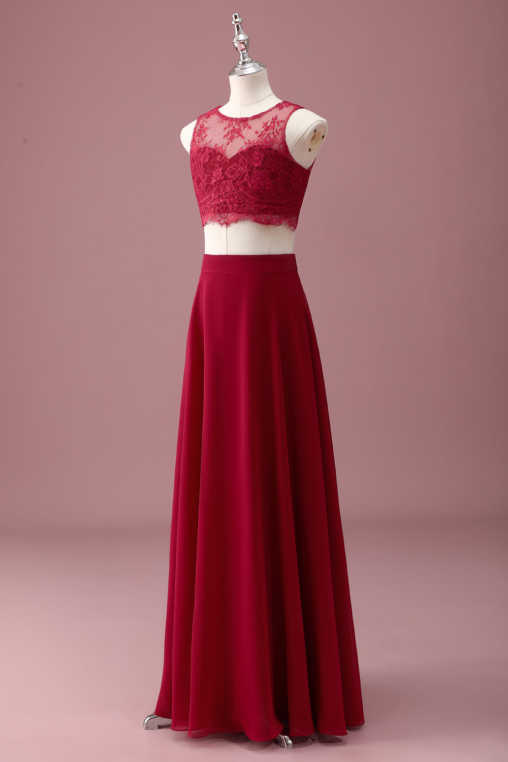 Dentelle Bourgogne Col Rond Une Ligne Longue Robe de Demoiselle D’honneur Junior Avec Haut Court