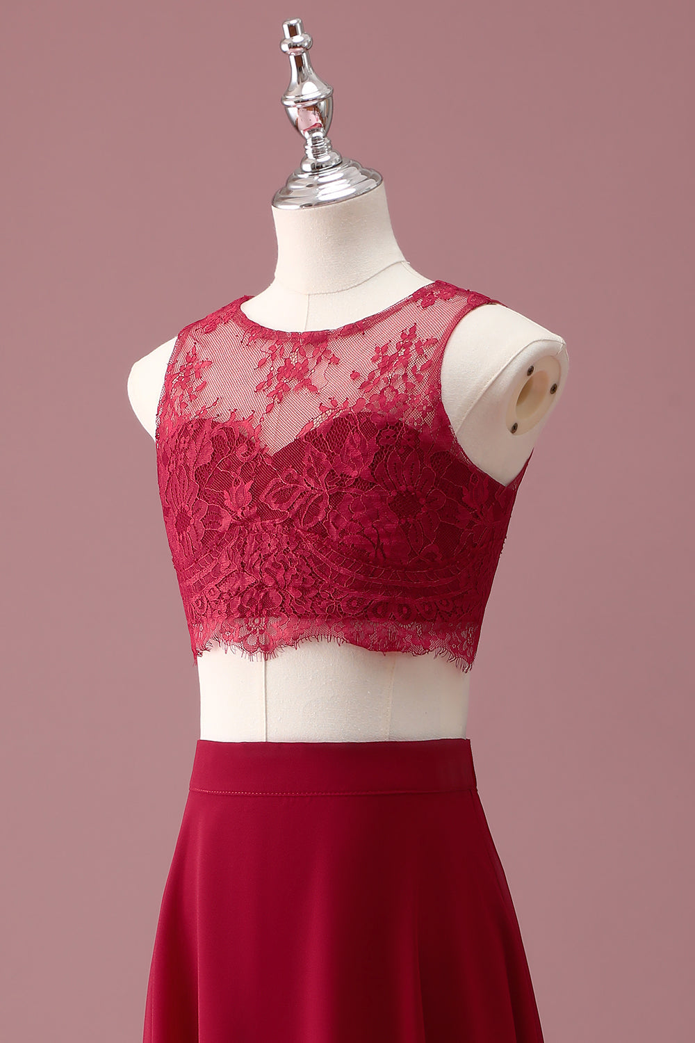Dentelle Bourgogne Col Rond Une Ligne Longue Robe de Demoiselle D’honneur Junior Avec Haut Court