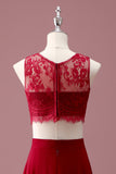 Dentelle Bourgogne Col Rond Une Ligne Longue Robe de Demoiselle D’honneur Junior Avec Haut Court
