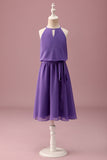 Violet Licol Trou de Serrure Une Ligne Courte Robe de Demoiselle d’Honneur Junior Avec Ceinture