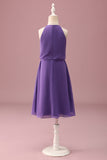 Violet Licol Trou de Serrure Une Ligne Courte Robe de Demoiselle d’Honneur Junior Avec Ceinture