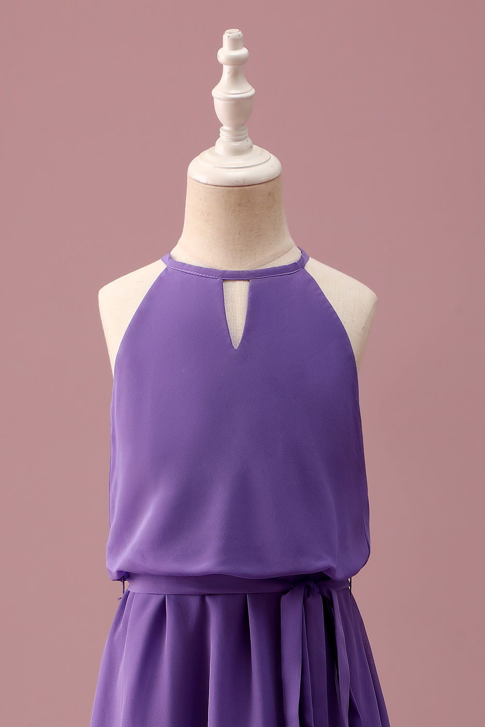 Violet Licol Trou de Serrure Une Ligne Courte Robe de Demoiselle d’Honneur Junior Avec Ceinture