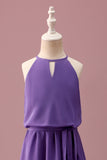 Violet Licol Trou de Serrure Une Ligne Courte Robe de Demoiselle d’Honneur Junior Avec Ceinture