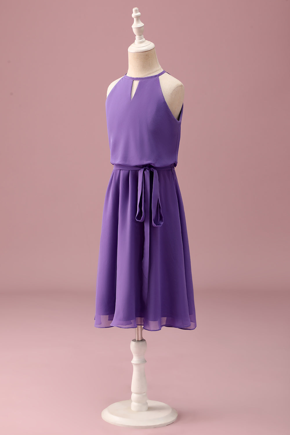 Violet Licol Trou de Serrure Une Ligne Courte Robe de Demoiselle d’Honneur Junior Avec Ceinture