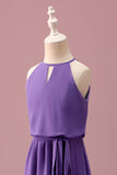 Violet Licol Trou de Serrure Une Ligne Courte Robe de Demoiselle d’Honneur Junior Avec Ceinture