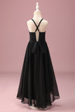 Noir Col Rond Une Ligne Haute Bas Junior Demoiselle d’honneur Robe avec Ceinture