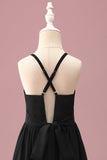 Noir Col Rond Une Ligne Haute Bas Junior Demoiselle d’honneur Robe avec Ceinture
