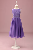 Dentelle violette une ligne col rond courte robe de demoiselle d’honneur junior avec ceinture en strass