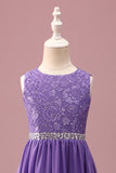 Dentelle violette une ligne col rond courte robe de demoiselle d’honneur junior avec ceinture en strass