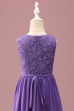 Dentelle violette une ligne col rond courte robe de demoiselle d’honneur junior avec ceinture en strass