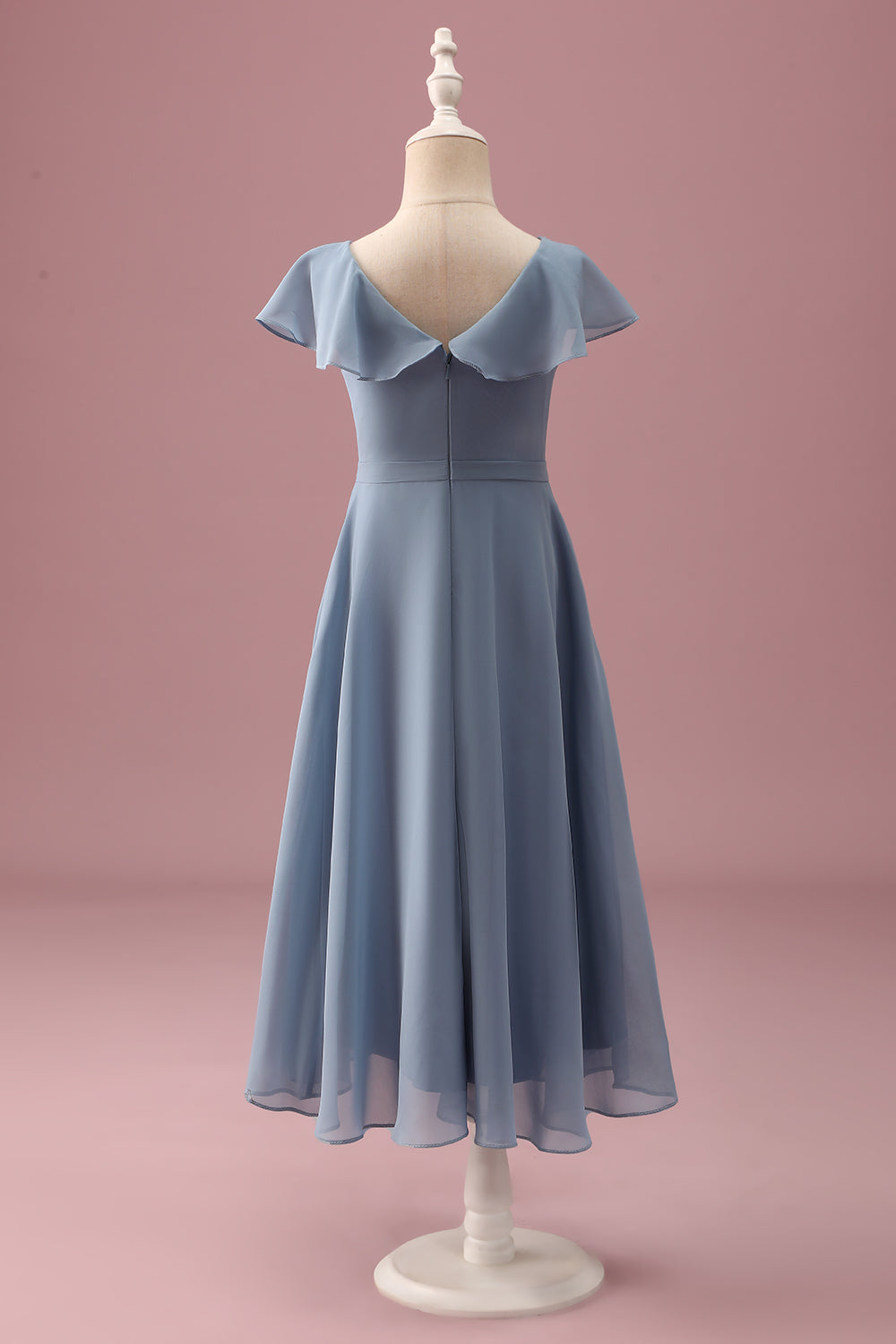 Dusty Blue Mousseline de soie col V Wrap Short Junior Demoiselle d’honneur Robe avec Manches Flottantes