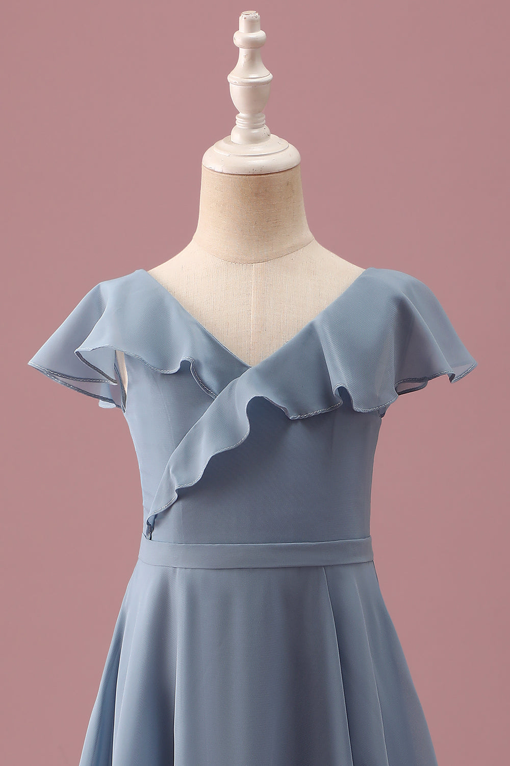 Dusty Blue Mousseline de soie col V Wrap Short Junior Demoiselle d’honneur Robe avec Manches Flottantes
