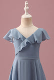 Dusty Blue Mousseline de soie col V Wrap Short Junior Demoiselle d’honneur Robe avec Manches Flottantes