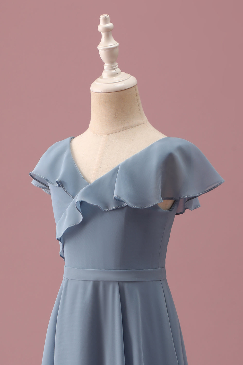 Dusty Blue Mousseline de soie col V Wrap Short Junior Demoiselle d’honneur Robe avec Manches Flottantes