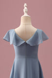 Dusty Blue Mousseline de soie col V Wrap Short Junior Demoiselle d’honneur Robe avec Manches Flottantes