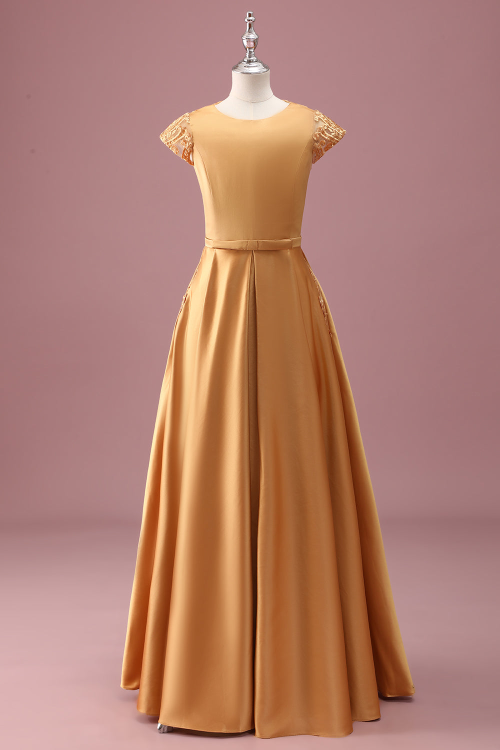 Robe de demoiselle d’honneur junior à col rond doré en mousseline de soie A ligne à manches courtes
