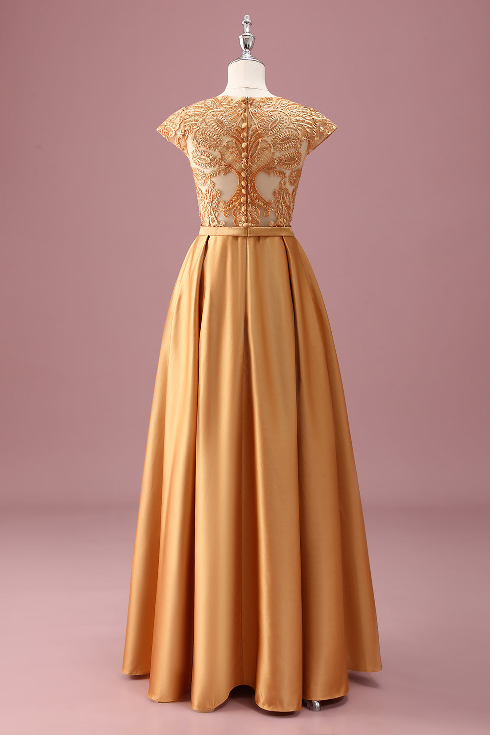 Robe de demoiselle d’honneur junior à col rond doré en mousseline de soie A ligne à manches courtes