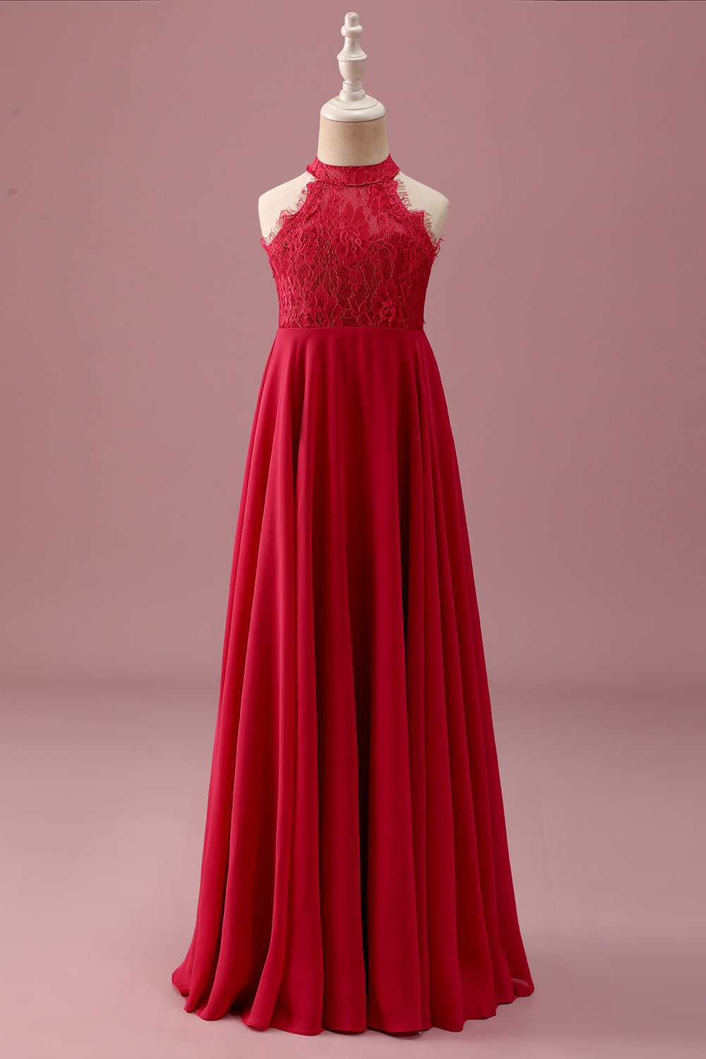Dentelle Dos Nu Rouge Une Ligne En Mousseline De Soie Ruchée Junior Demoiselle D’honneur