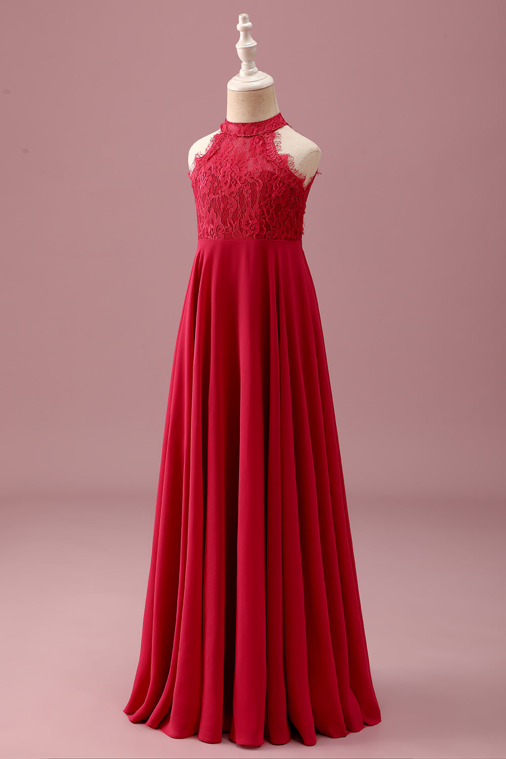 Dentelle Dos Nu Rouge Une Ligne En Mousseline De Soie Ruchée Junior Demoiselle D’honneur