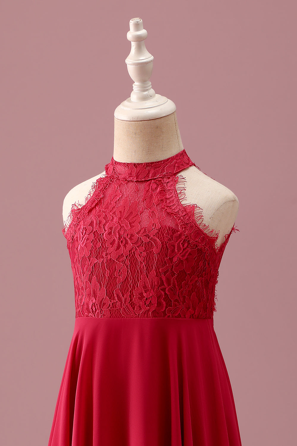 Dentelle Dos Nu Rouge Une Ligne En Mousseline De Soie Ruchée Junior Demoiselle D’honneur