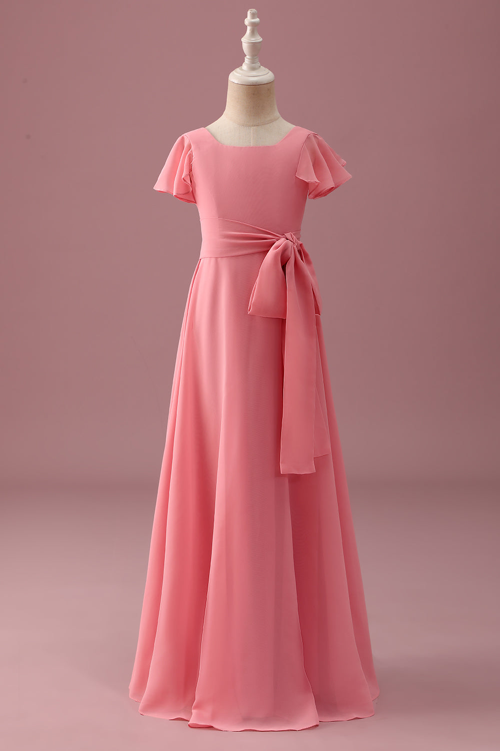 Mousseline de soie corail à manches courtes Une ligne Junior Demoiselle d’honneur Robe avec Bowknot