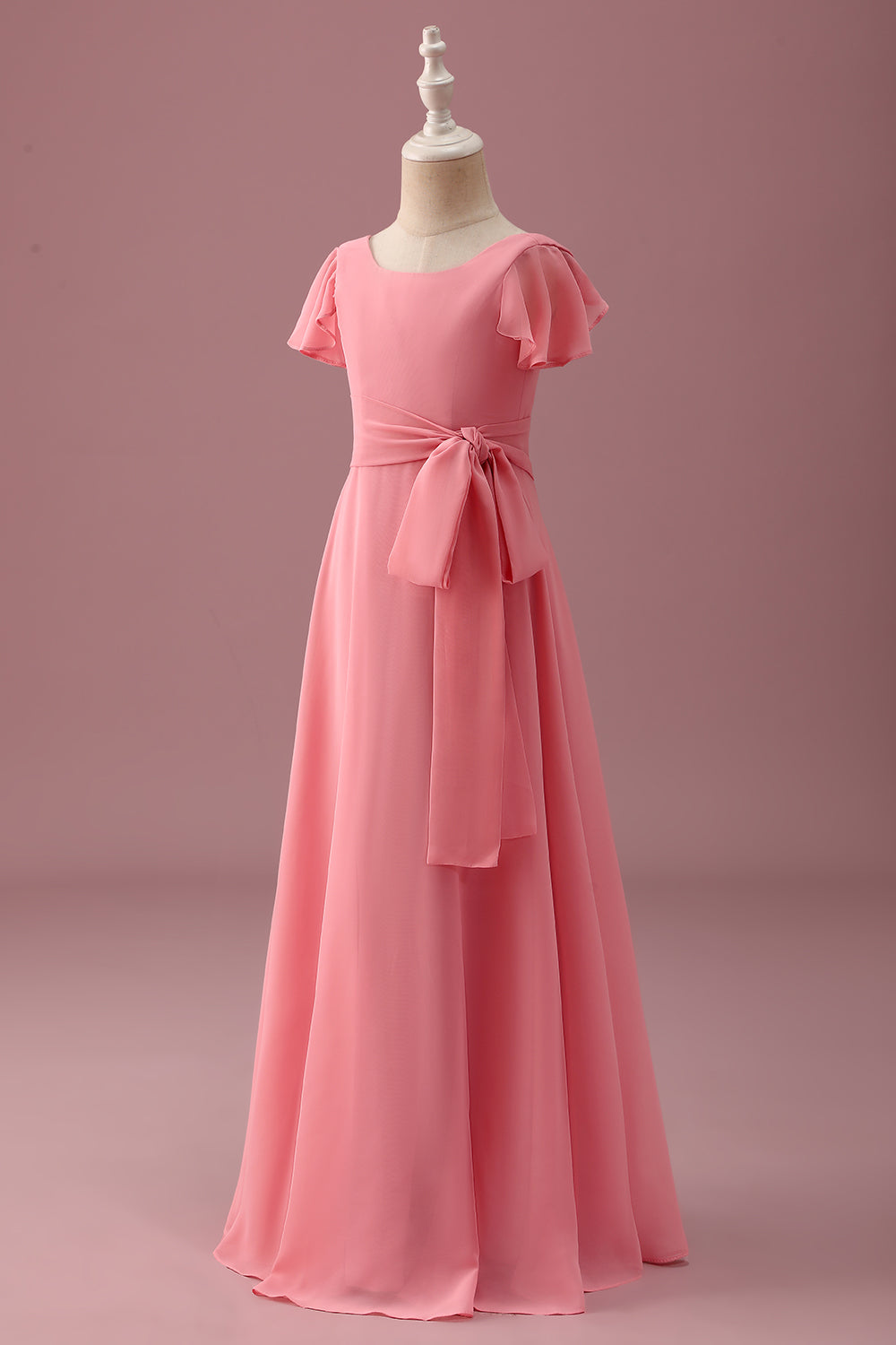 Mousseline de soie corail à manches courtes Une ligne Junior Demoiselle d’honneur Robe avec Bowknot